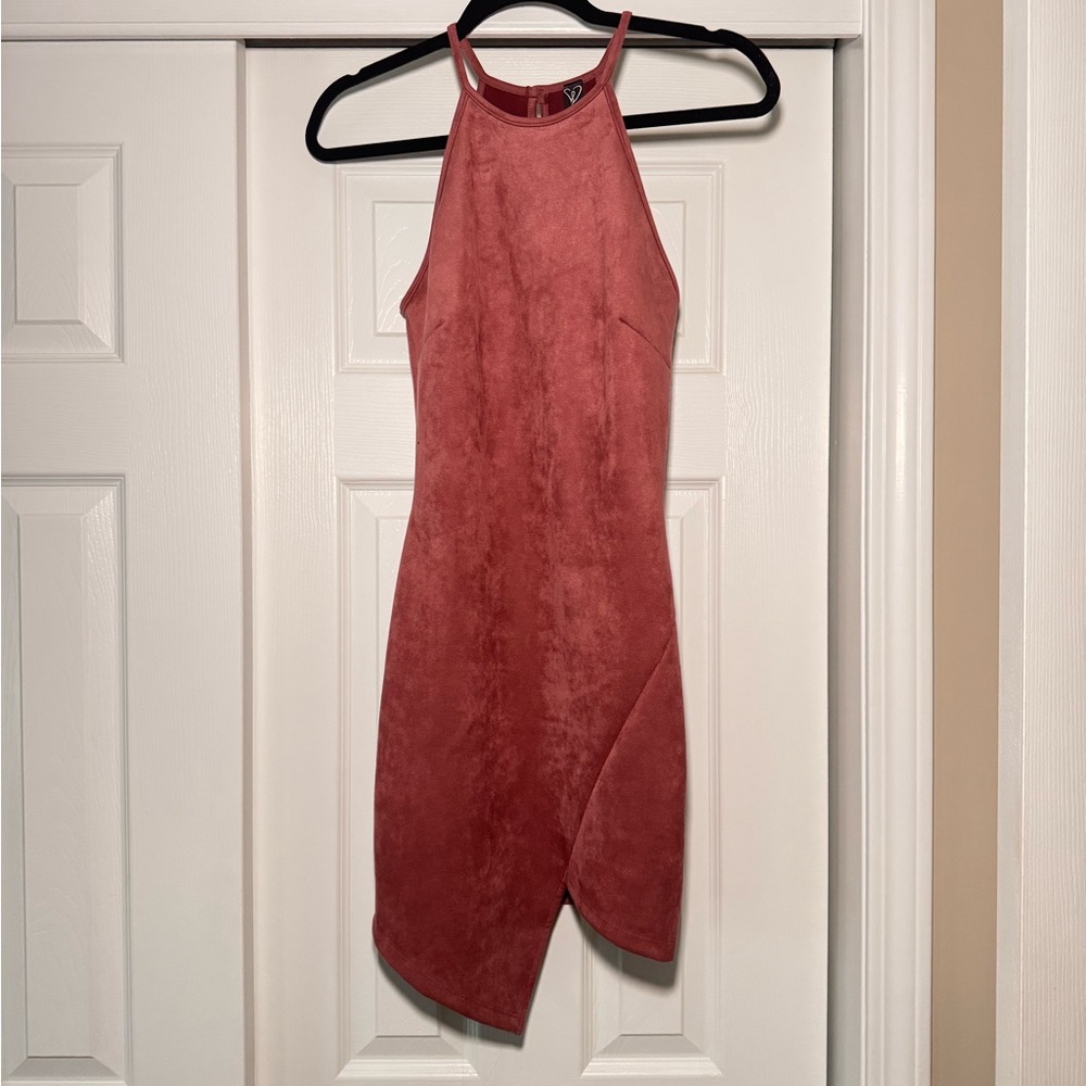 Dusty rose blush 90s y2k faux suede asymmetrical halter bodycon